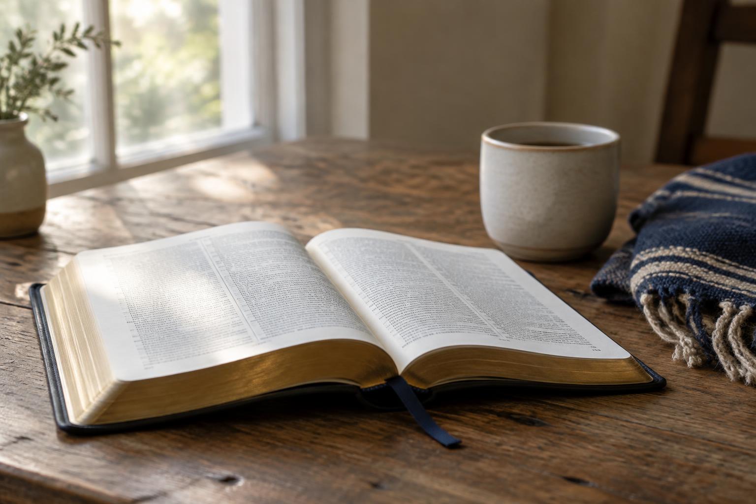 An open book of Scripture on a wooden table in morning light